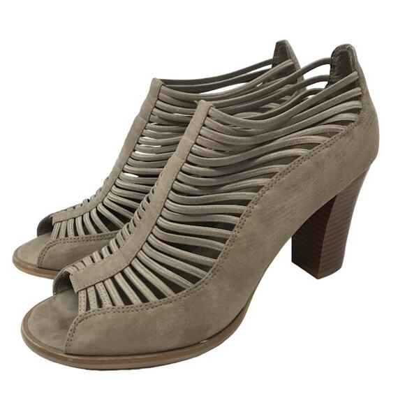 Mia Shellie Peep Toe Ankle Booties 10 Strappy Caged Suede Shooties Block Heel - Picture 1 of 11